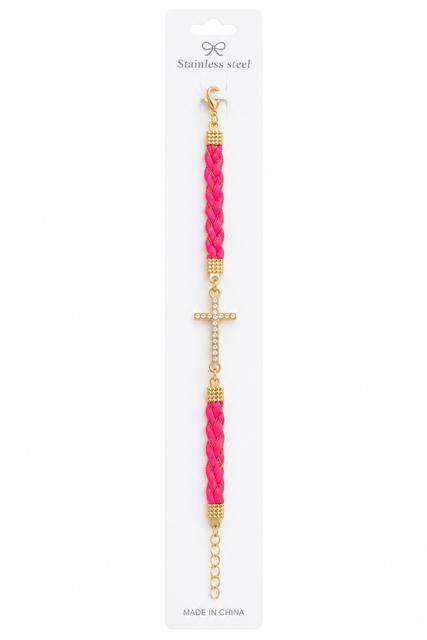 40030 Gold Rhinestone Cross Braided Leather Cord Bracelet CNB