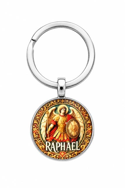 40058 Archangel St. Raphael Silver Round Glass Keychain