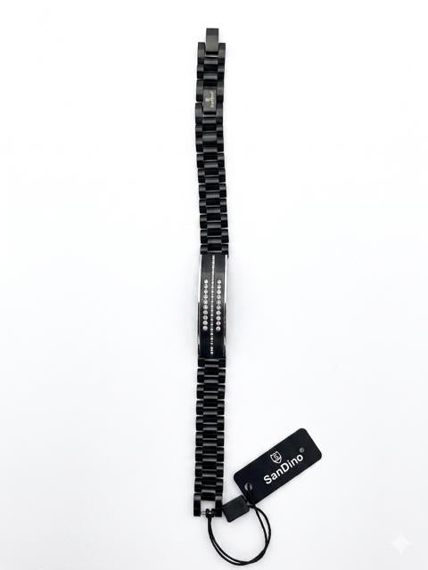 SanDino Men’s Matte Black ID Plate Bracelet with Dual Crystal Inlays CNB