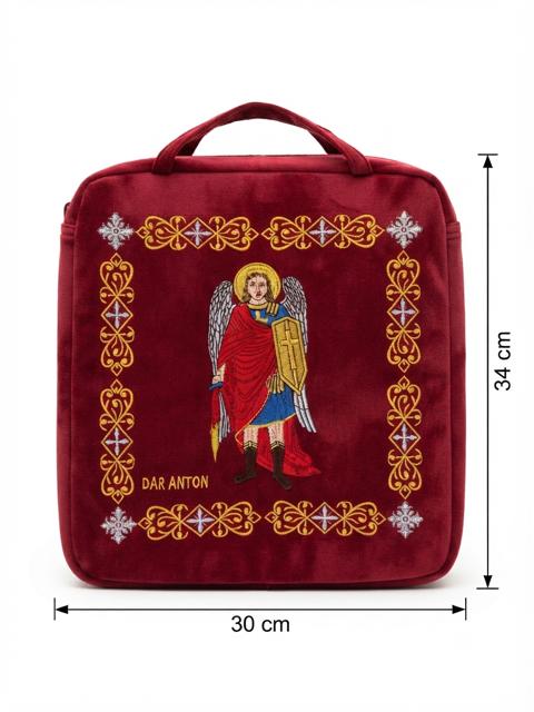 Embroidered Archangel Michael Velvet Bag – Burgundy Top-Handle Case (30 × 34 cm) DCN