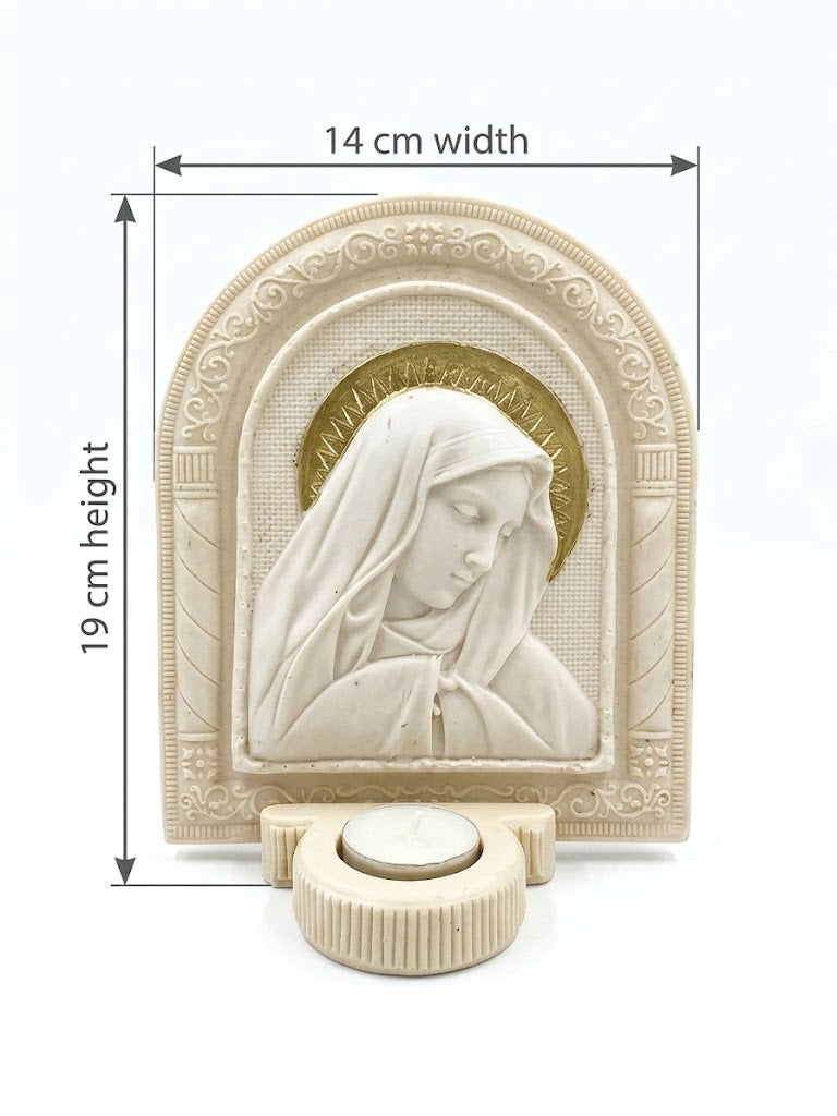 30049 Virgin Mary Arched Relief Plaque with Candle Holder (19 cm x 14 cm)