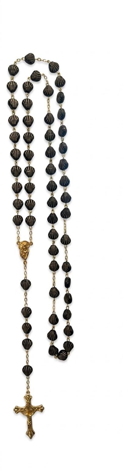 Black & Gold Seashell Beaded Full Rosary – Gold Accent Crucifix RES