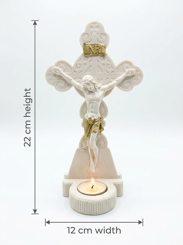 Ornate Crucifix Statue with Candle Holder & Gold Accents (22 cm x 12 cm) CRS