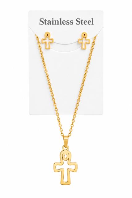 40039 Gold Cutout Coptic Cross Necklace & Earrings Jewelry Set CNB