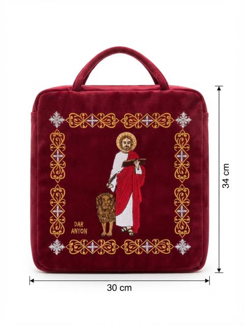 Embroidered Saint Mark Velvet Bag – Burgundy Top-Handle Case (30 × 34 cm) DCN