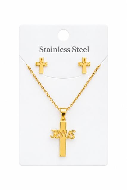 40040 Gold "JESUS" Cross Necklace & Earrings Jewelry Set CNB
