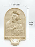 30050 Crowned Virgin Mary and Child Relief Plaque with Candle Holder (25 cm x 16 cm)