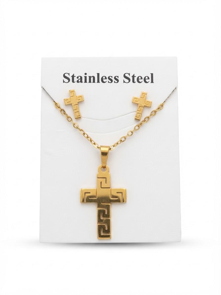 40044 Gold Greek Key Pattern Cross Necklace & Earrings Jewelry Set CNB