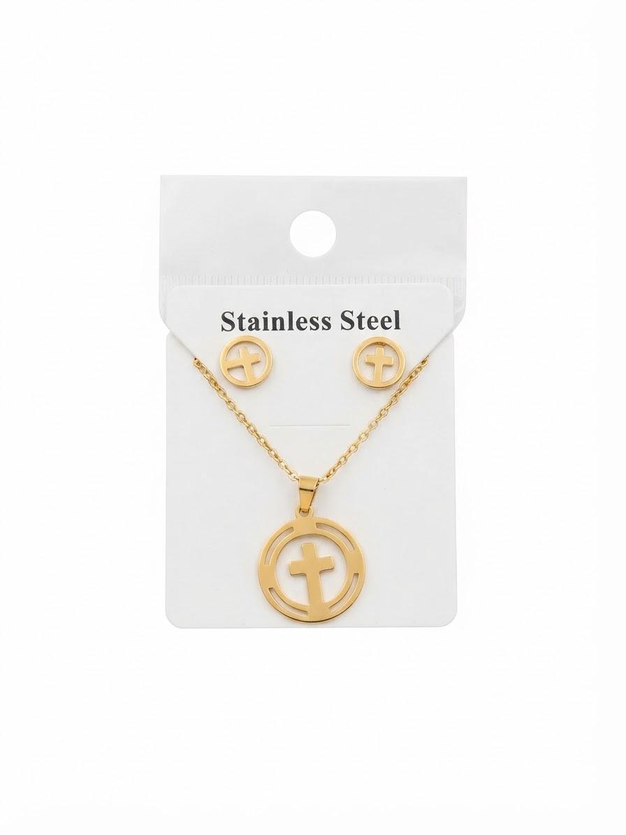 40043 Gold Cutout Circular Cross Necklace & Earrings Jewelry Set CNB