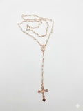 Pearlized White Bead Rosary Necklace – Rose Gold Chain & Crucifix RES