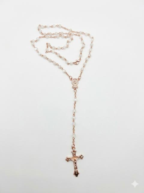 Pearlized White Bead Rosary Necklace – Rose Gold Chain & Crucifix RES