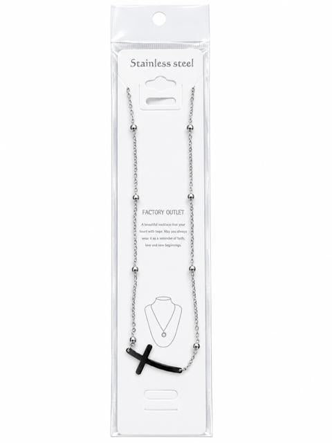 40008 Stainless Steel Beaded Chain with Black Sideways Cross Necklace CNB