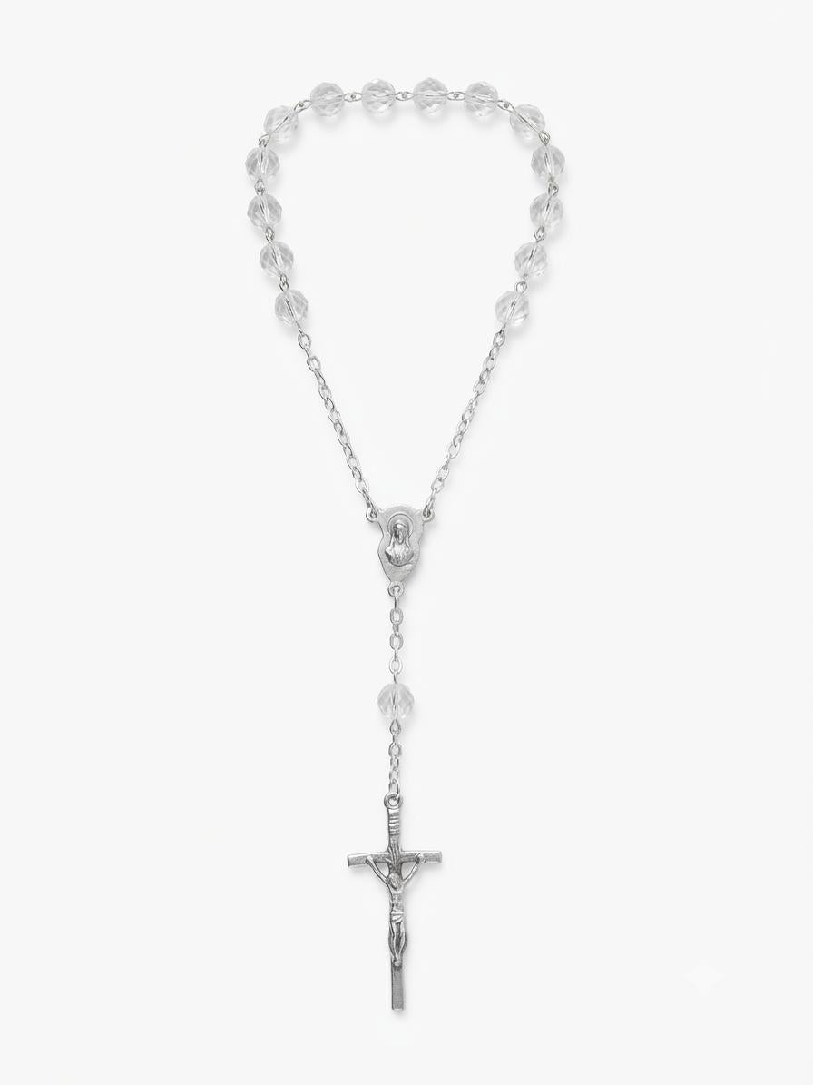 Clear Crystal Beaded Auto Small Rosary – Silver-Tone Crucifix & Centerpiece RES