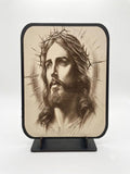 Engraved Wooden Portrait of Jesus with Crown of Thorns with Display Stand (15.5 x 20.5 cm) ICN