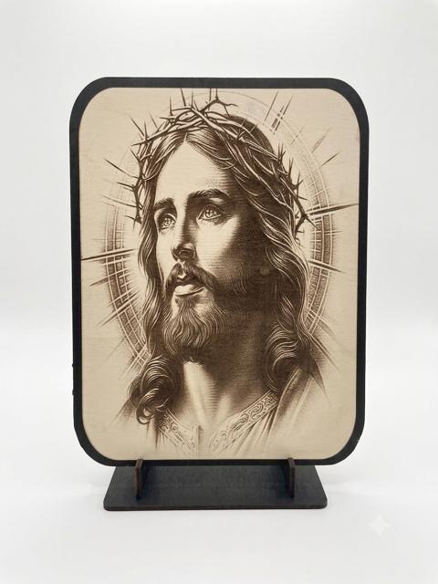 Engraved Wooden Portrait of Jesus with Crown of Thorns with Display Stand (15.5 x 20.5 cm) ICN
