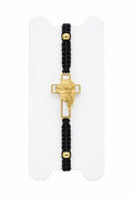 40045 Gold Jesus Profile Openwork Cross Black Macramé Cord Bracelet CNB