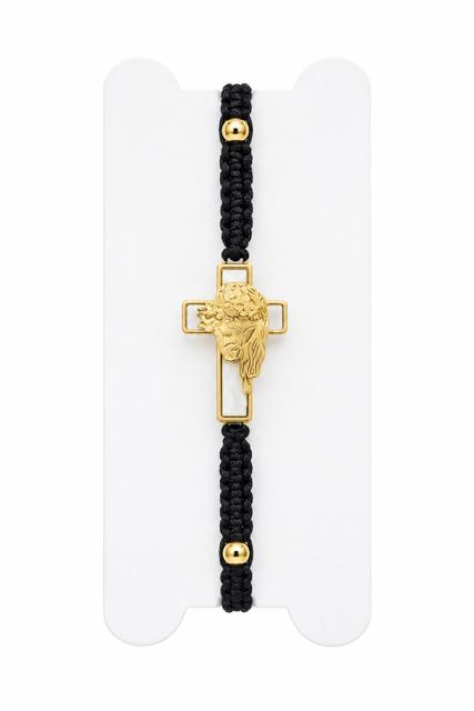 40045 Gold Jesus Profile Openwork Cross Black Macramé Cord Bracelet CNB