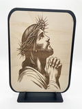 Engraved Wooden Praying Jesus Plaque with Stand (15.5 x 20.5 cm) ICN