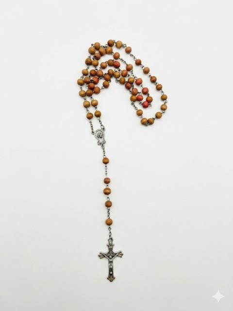 Classic Wooden Rosary Beads – Silver Crucifix & Centerpiece Necklace RES