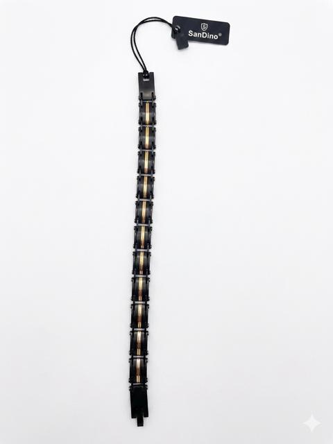 SanDino Matte Black Link Bracelet with Dual Gold Center Stripes CNB