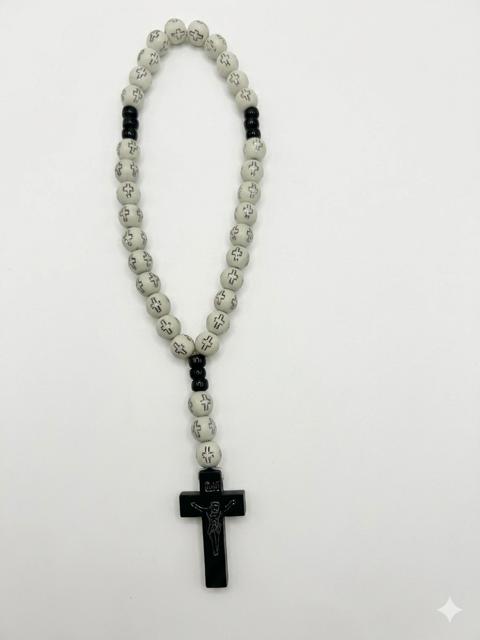 White Cross-Engraved Bead Rosary with Black Crucifix RES