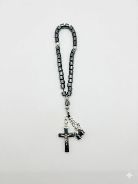 Gunmetal Hematite Auto Rosary – Rearview Mirror Single Decade RES