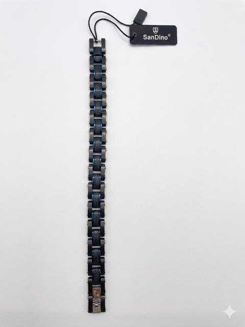 SanDino Men’s Black & Electric Blue Carbon Fiber Link Bracelet CNB