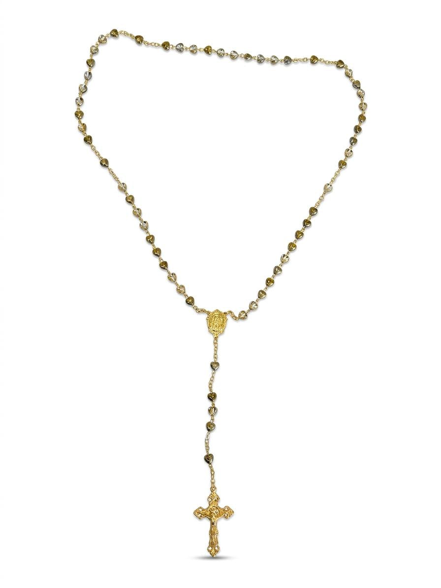 Tri-Tone Gold Heart Bead Rosary Necklace RES