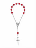 Red Crystal Beaded Auto Rosary – Silver-Tone Crucifix & Centerpiece RES