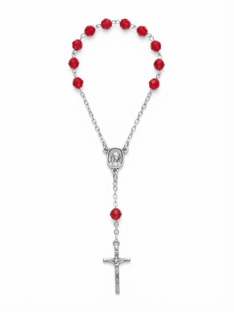 Red Crystal Beaded Auto Rosary – Silver-Tone Crucifix & Centerpiece RES