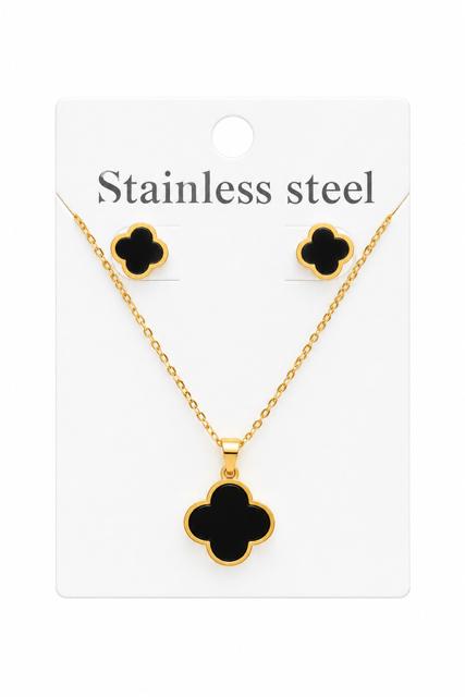 40048 Gold Black Clover Pendant Necklace & Earrings Jewelry Set CNB