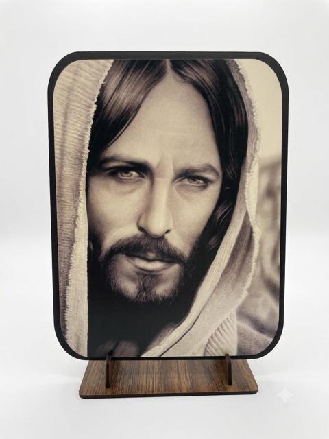 Engraved Wooden Portrait Plaque of Jesus with Hood & Stand (15.5 x 20.5 cm) ICN