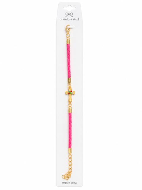 40035 Gold Multi-Color Crystal Cross Hot Pink Braided Cord Bracelet CNB