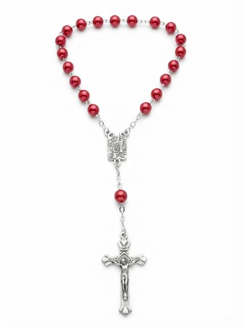 Red Pearl Beaded Auto Rosary – Silver-Tone Crucifix & Centerpiece RES