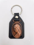 40047 Virgin Mary Copper Relief Faux Leather Keychain – Oval Metal Portrait Charm