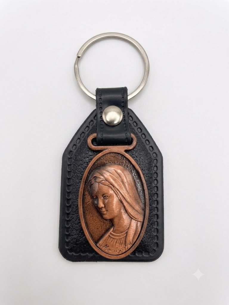 40047 Virgin Mary Copper Relief Faux Leather Keychain – Oval Metal Portrait Charm