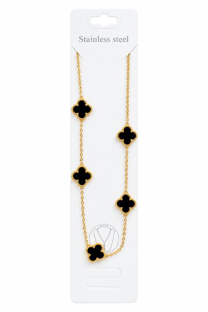 40046 Gold Black Multi-Clover Station Long Chain Necklace CNB