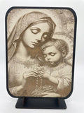 Engraved Wooden Virgin Mary and Child Jesus Plaque with Stand (15.5 x 20.5 cm) ICN