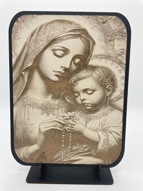 Engraved Wooden Virgin Mary and Child Jesus Plaque with Stand (15.5 x 20.5 cm) ICN