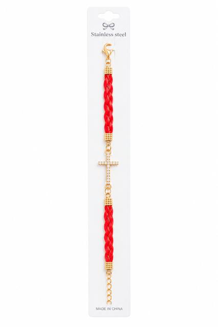 40032 Gold Rhinestone Cross & Red Braided Cord Bracelet CNB