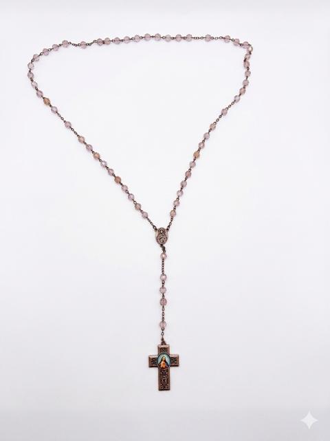 Smoky Lavender Crystal Rosary – Vintage Bronze Sacred Heart RES