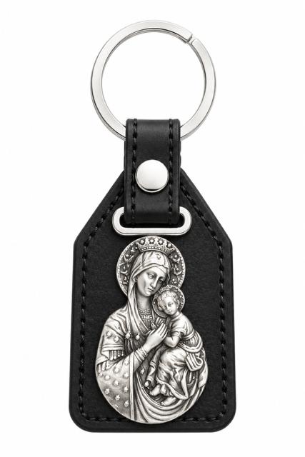 40052 Silver Virgin Mary & Baby Jesus Leather Fob Keychain