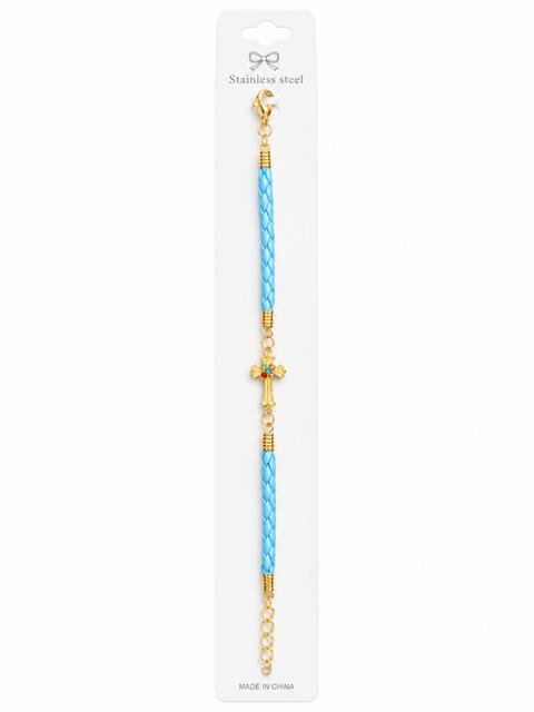 40036 Gold Multi-Color Crystal Cross Light Blue Braided Cord Bracelet CNB