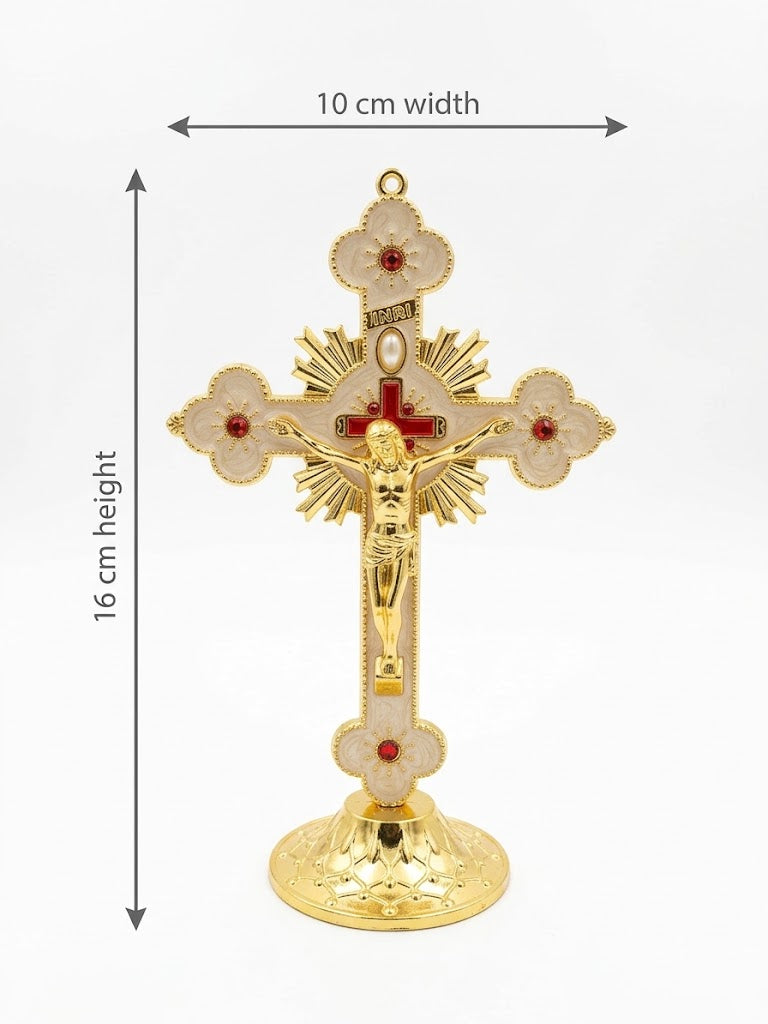 Ornate Sunburst Standing Crucifix with Enamel & Red Gemstones (16 cm x 10 cm) CRS