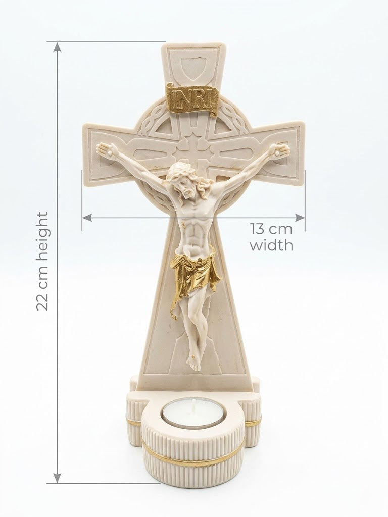 Celtic Crucifix Statue with Candle Holder & Gold Accents (22 cm x 13 cm) CRS