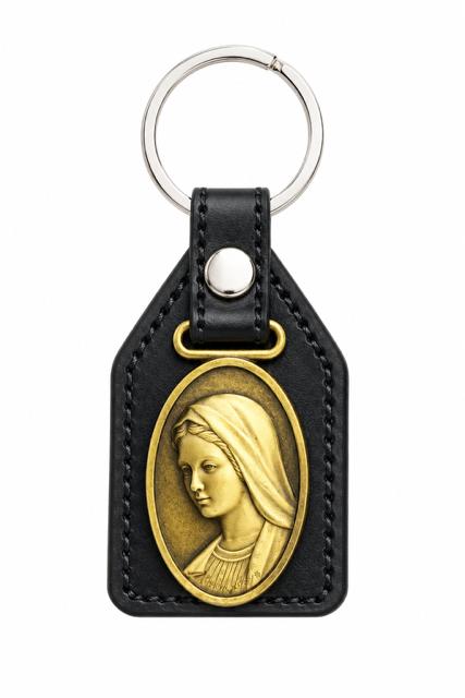 40053 Gold Antique Virgin Mary Leather Fob Keychain