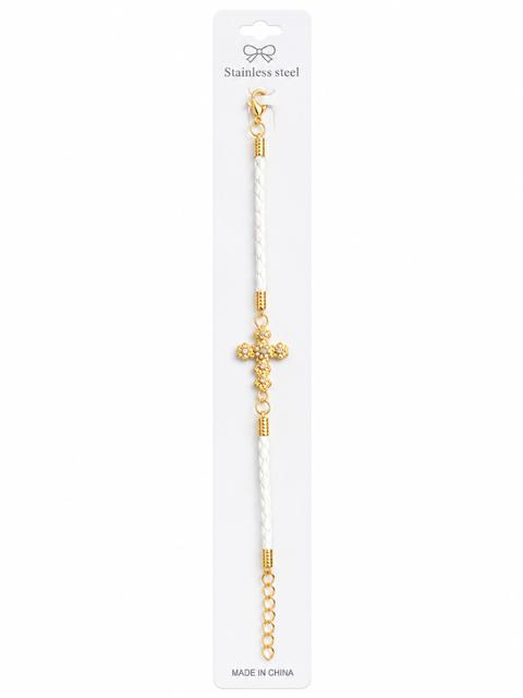 40034 Gold Crystal Cross White Braided Cord Bracelet CNB