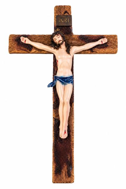 Rustic Wooden Wall Crucifix with Royal Blue Sash (32 cm x 21 cm) CRS