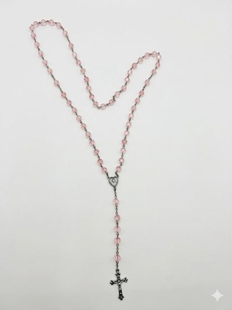 Blush Pink Crystal Beaded Full Rosary – Antique Silver Heart Centerpiece RES
