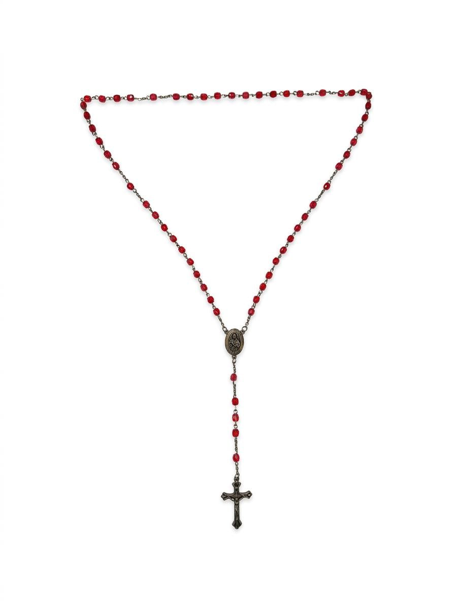Red Crystal Bead Rosary Necklace with Antique Bronze Accents RES